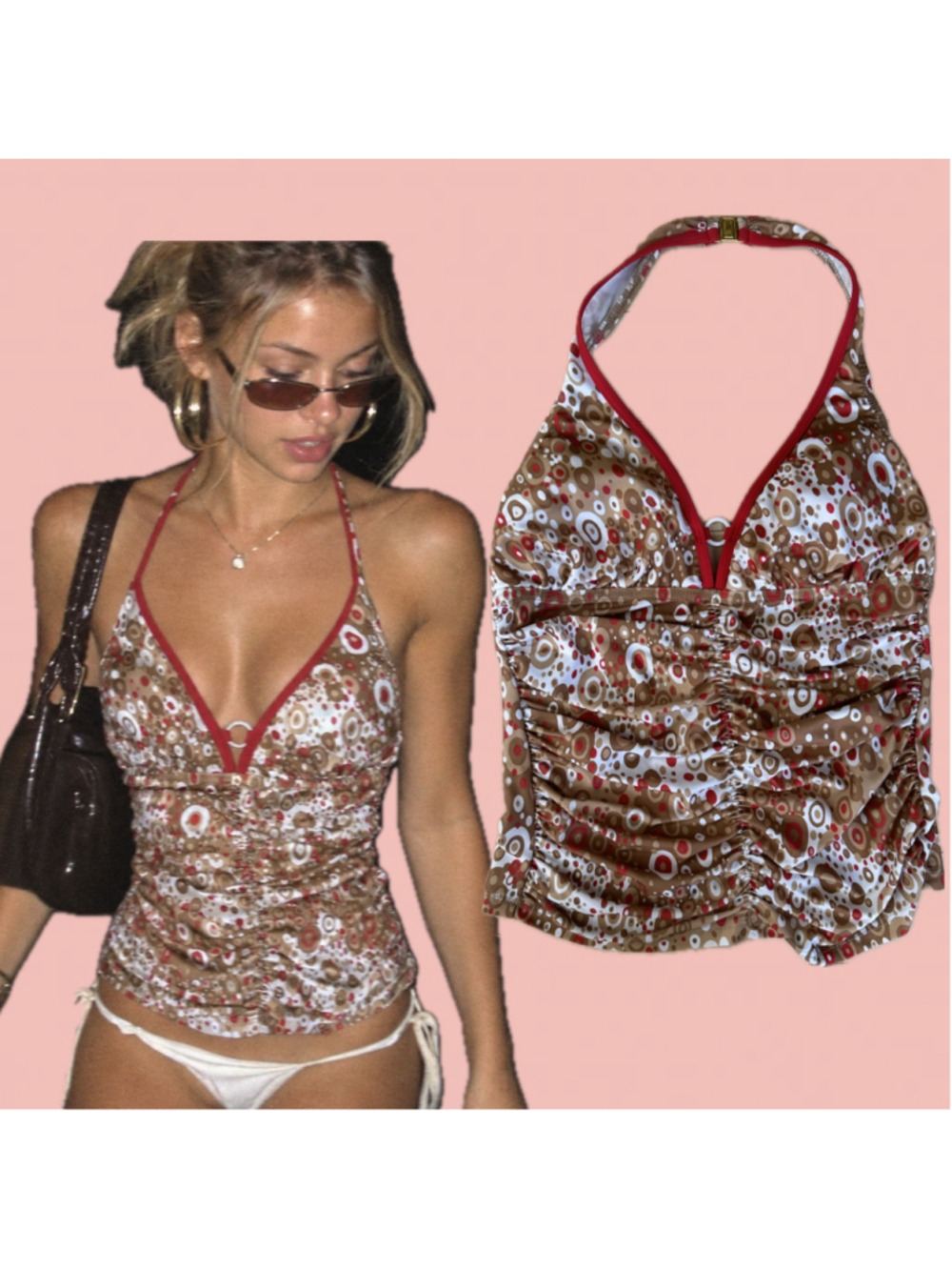 Vintage Y2K Retro Print Ruched Halter Tankini Top Size M